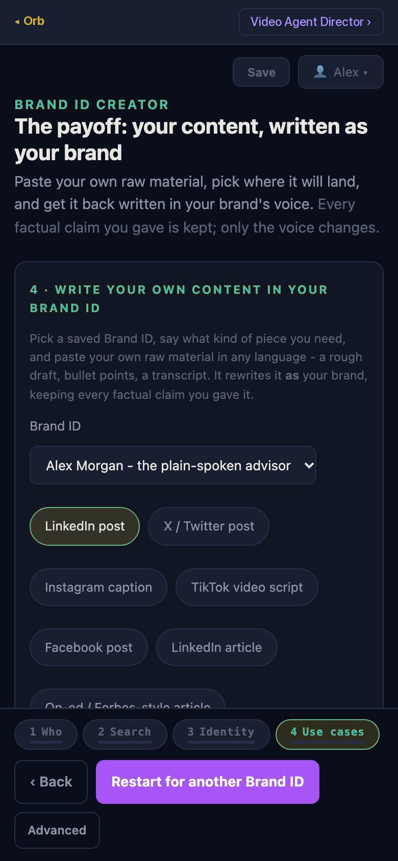 Brand ID Creator on a phone, step four: a post written as you