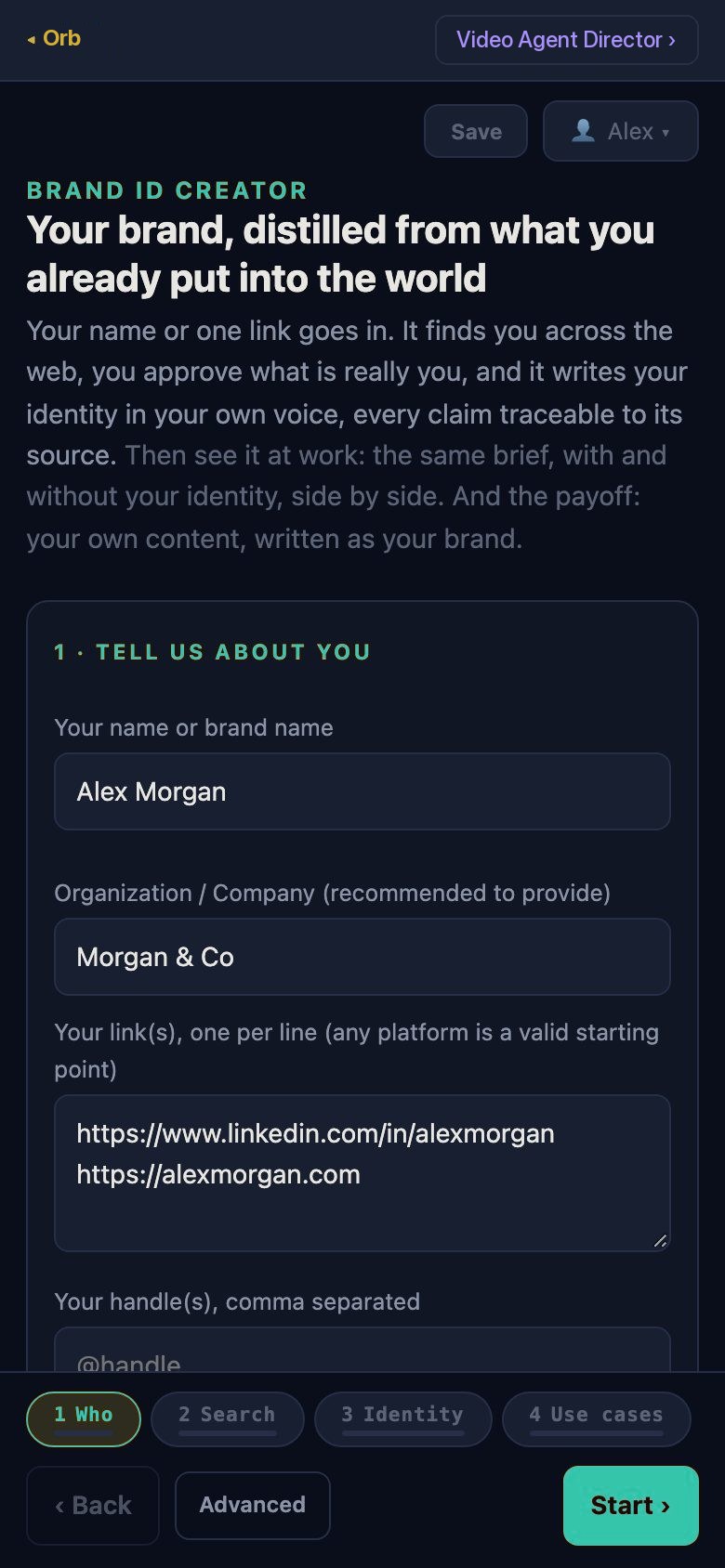 Brand ID Creator on a phone, step one: your name and a link