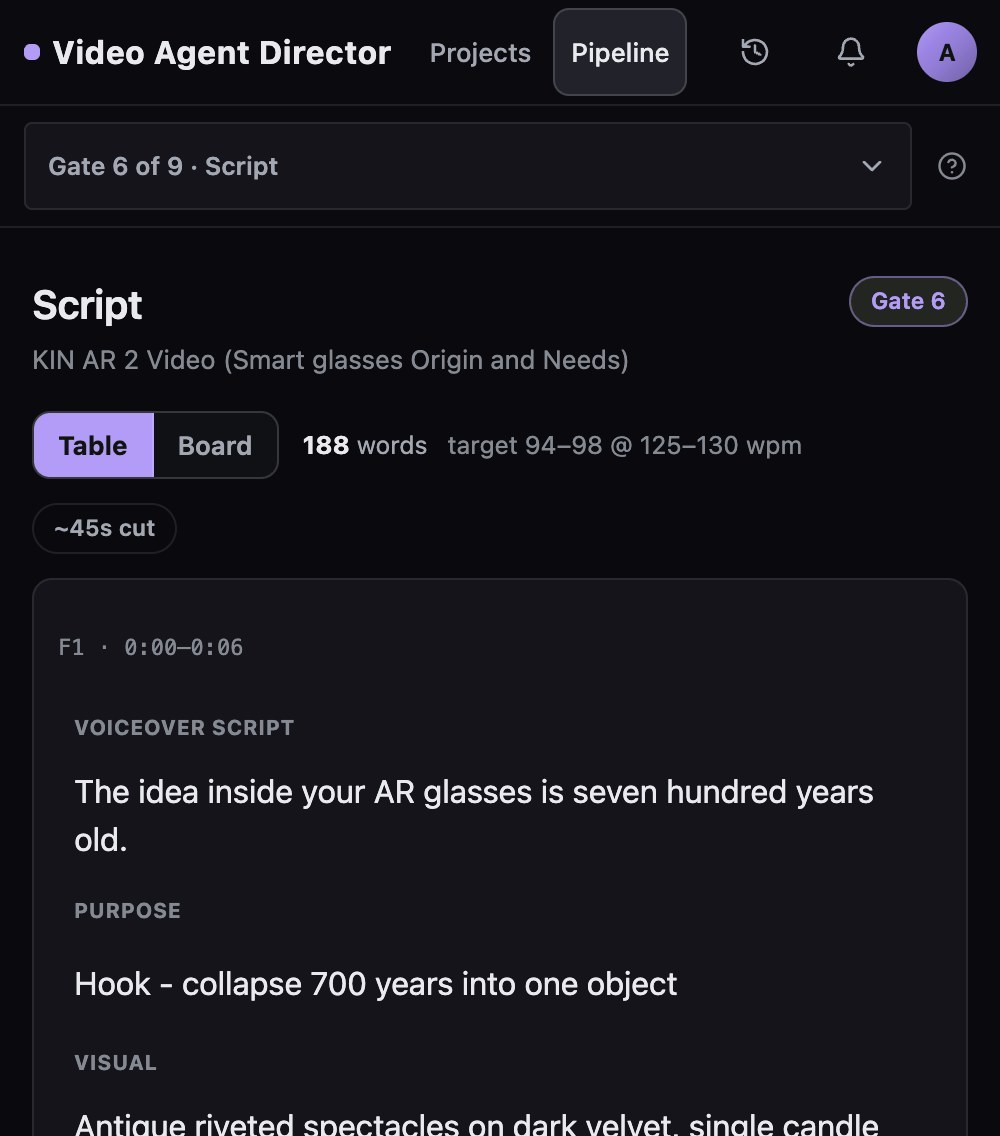 Video Agent Director's script screen: every line, its purpose and its picture, ready to approve