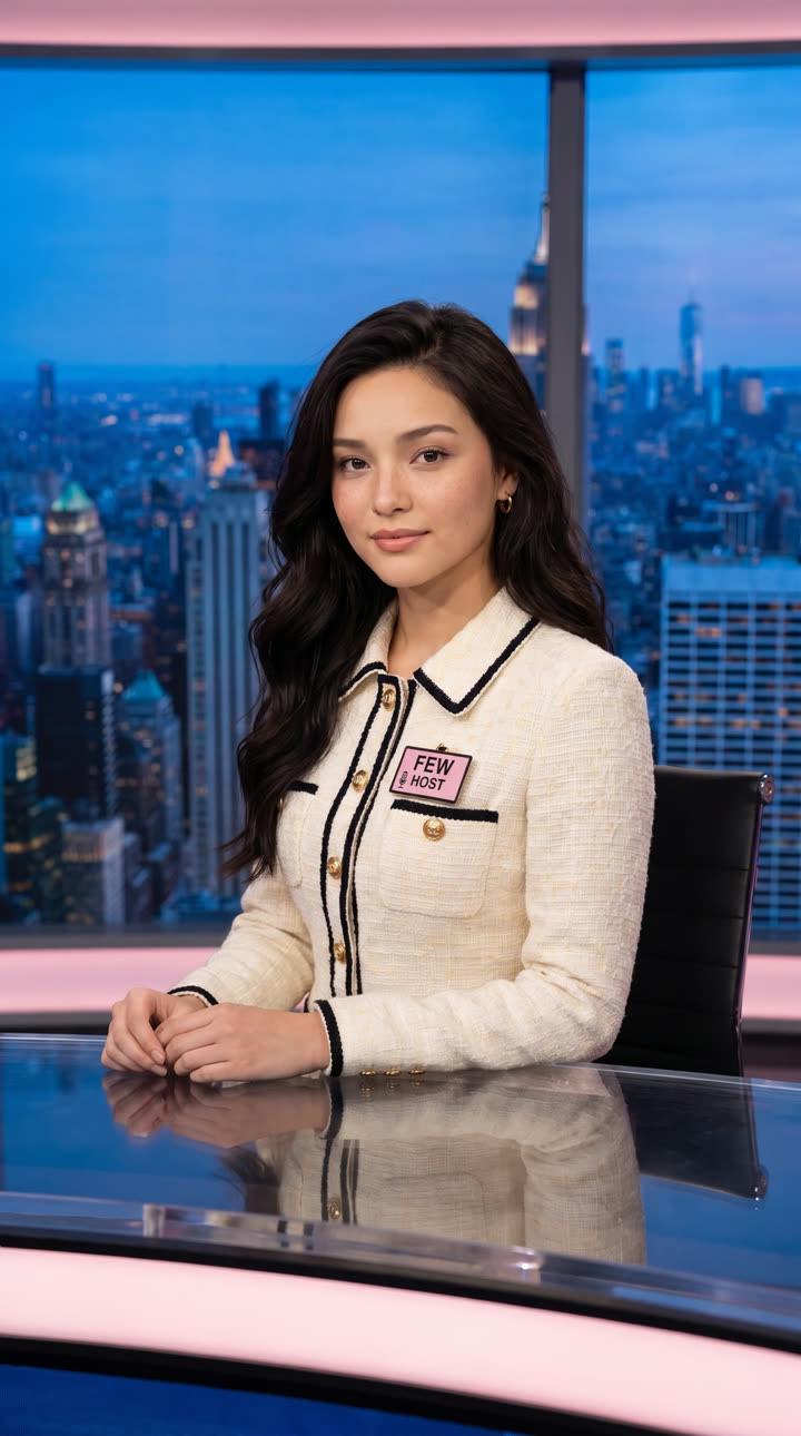 The presenter at a news desk
